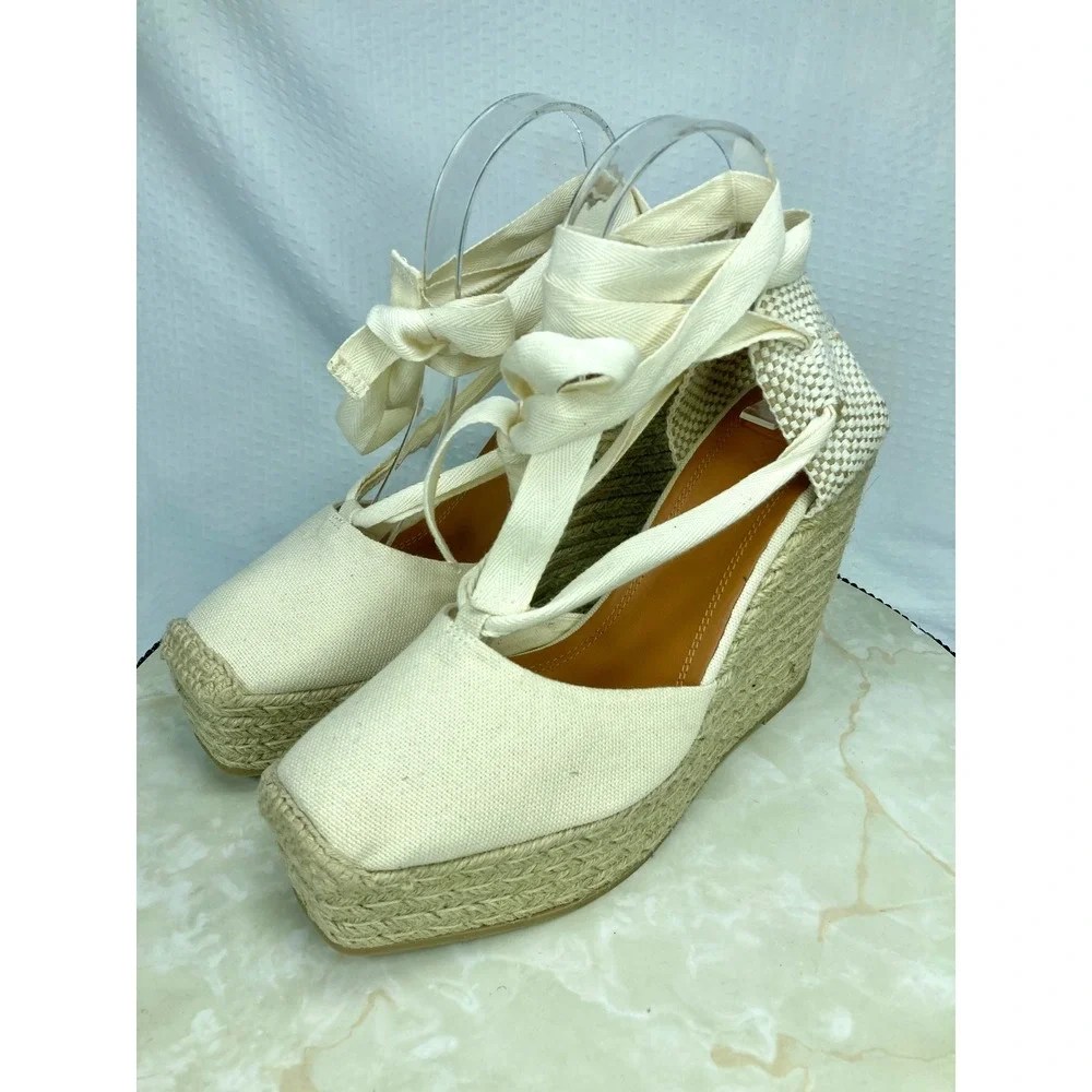 Polo Ralph Lauren Canvas Lace Up Espadrille Wedge Sandals Womens Sz 9 Ivory NWT